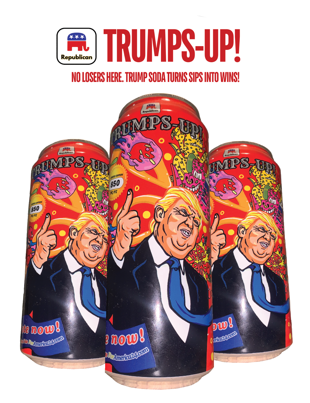 Trumps-up: A limited edition conservative Trump Soda Drink and collector's item (collectible) made by VoteForAmerica. Featuring Donald Trump, a memorabilia for Republican election voters. 